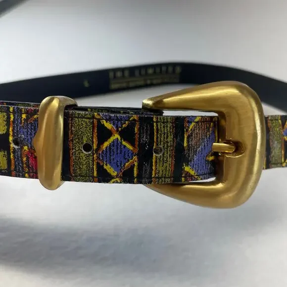 VTG The Limited Leather Belt Multicolor Abstract Geometric Statement Gold Buckle - Picture 4 of 10